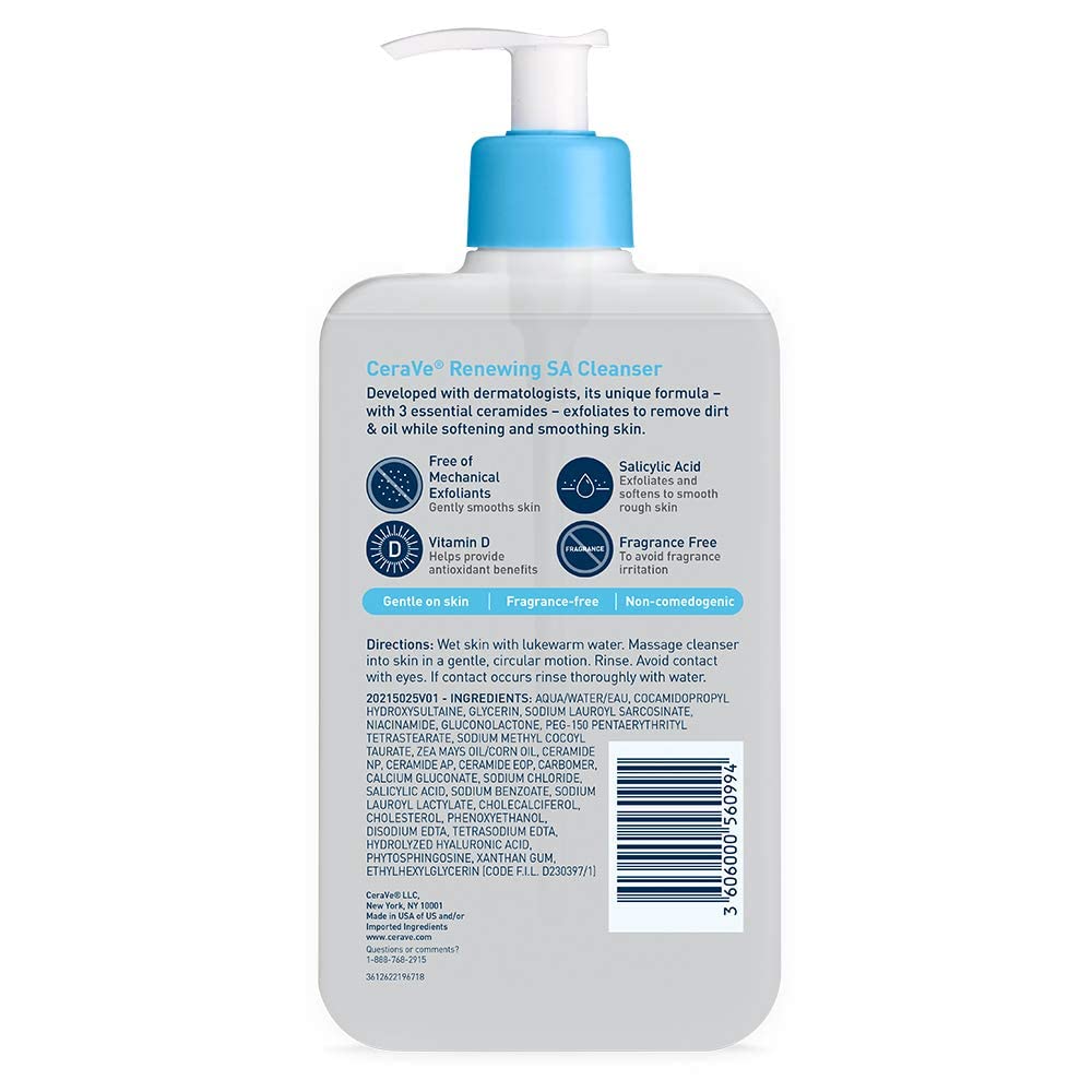 CeraVe Renewing Salicylic Acid Cleanser, Formulated With Hyaluronic Acid, Niacinamide, & Ceramides, Gentle BHA Exfoliating Face Wash Smooths & Softens Skin, Non Comedogenic & Fragrance Free