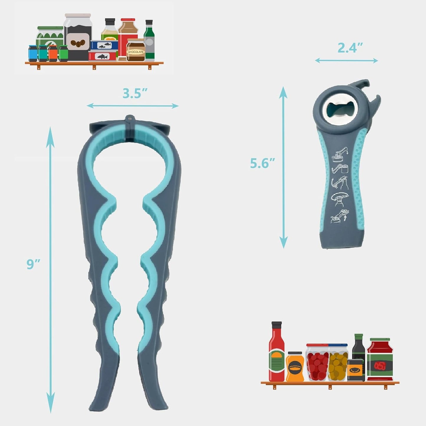 Jar Bottle Opener with Hook Kit for Weak Hands, Multi-Function Non-Slip Can Lid Opener Tools, for Seniors with Arthritis, Low Strength and Children