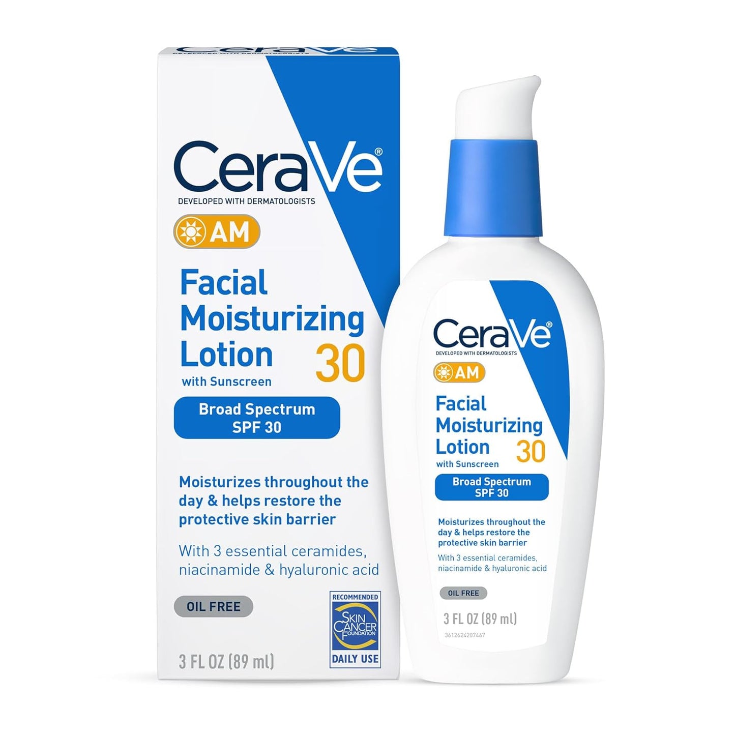 CeraVe AM Facial Moisturizing Lotion with SPF 30, Oil-Free Face Moisturizer with SPF, Formulated with Hyaluronic Acid, Niacinamide & Ceramides, Non-Comedogenic, Broad Spectrum Sunscreen