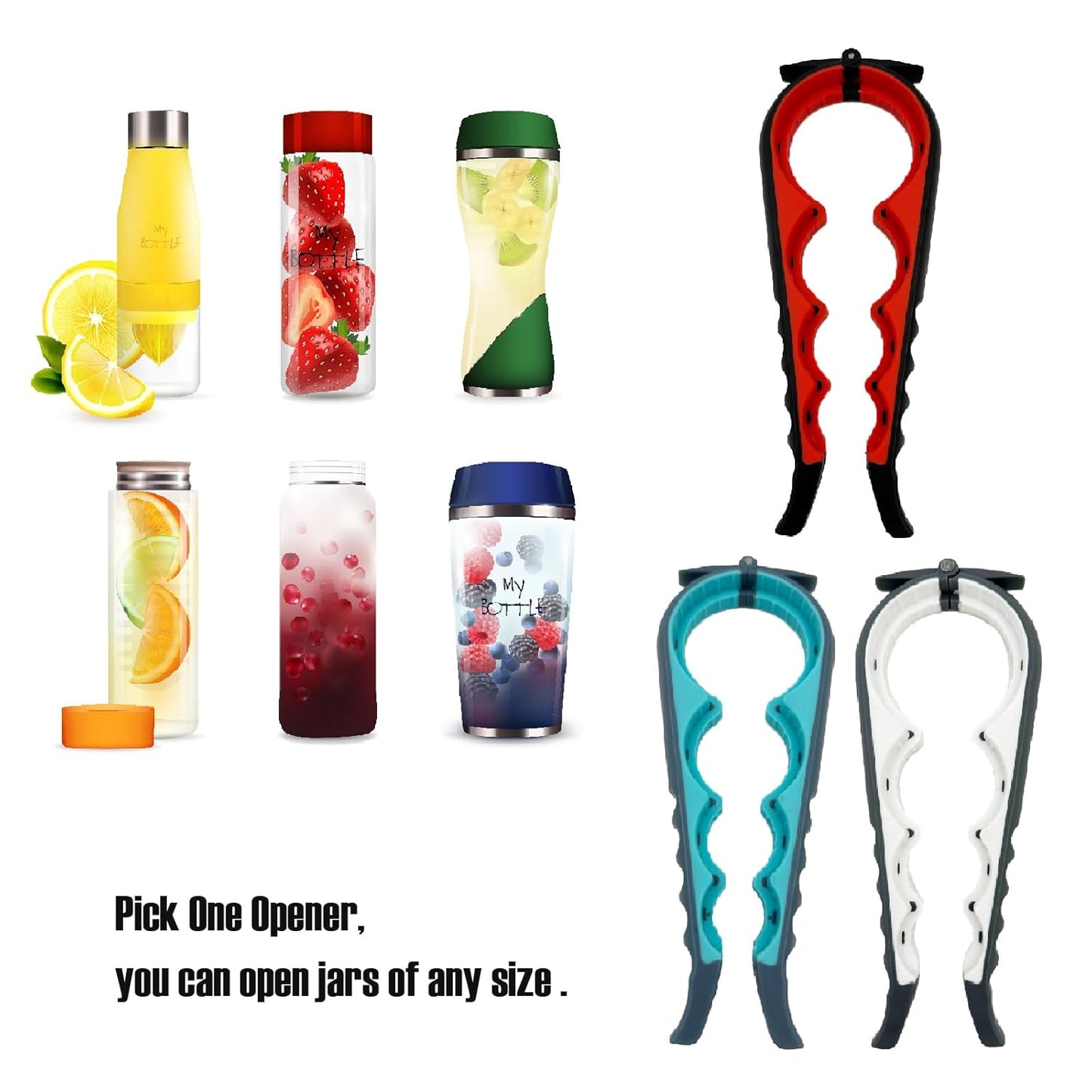 Jar Bottle Opener with Hook Kit for Weak Hands, Multi-Function Non-Slip Can Lid Opener Tools, for Seniors with Arthritis, Low Strength and Children