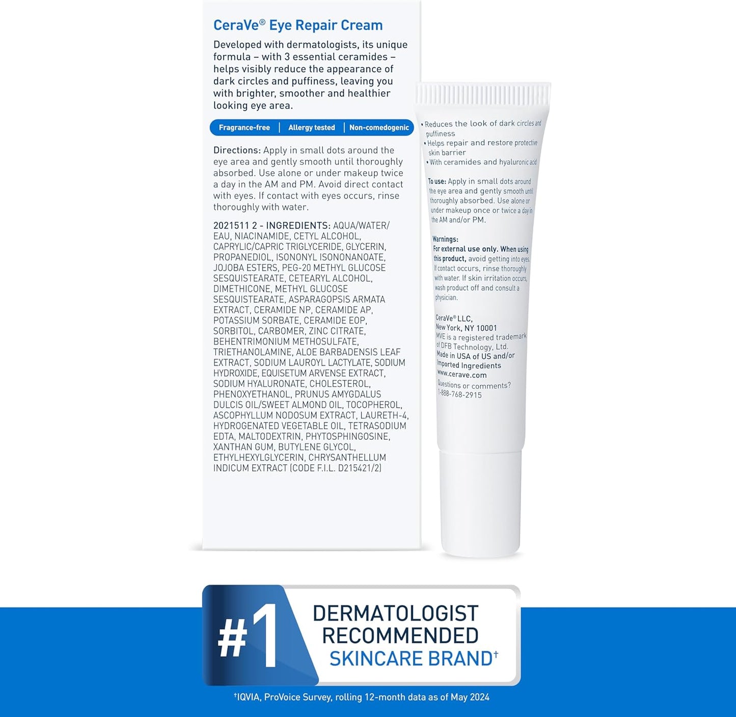 CeraVe Eye Repair Cream | Under Eye Cream for Dark Circles and Puffiness Delicate Skin Under Eye Area with Hyaluronic acid and Ceramides | Non-comedogenic, Fragrance Free